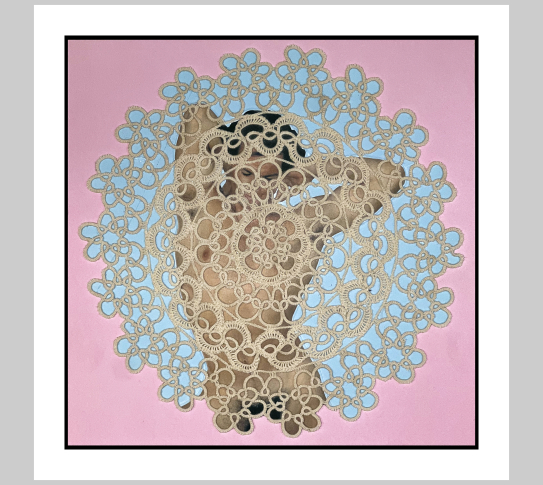 Figure depicted nude from the waist up on a pink and blue background largely obscured by a circular beige pattern. His eyes are closed and his hands are positioned behind his head.