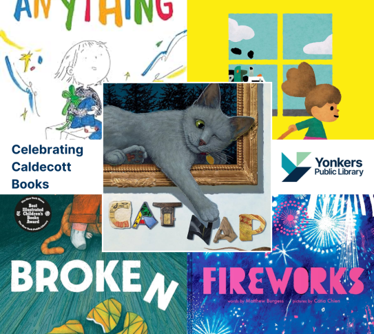 A collage of picture books and the text "Celebrating Caldecott Books" with the Yonkers Public Library logo.
