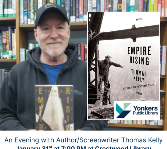 Author Thomas Kelly posing with a copy of his book Empire Rising.