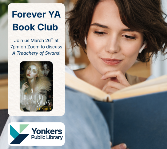 A young woman reading a book. Forever YA Book club and the book cover for A Treachery of Swans.