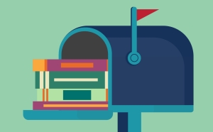 Mailbox with stack of books
