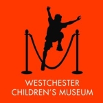 Westchester Children's Museum logo, red background, child jumping over stanchions