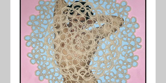 Figure depicted nude from the waist up on a pink and blue background largely obscured by a circular beige pattern. His eyes are closed and his hands are positioned behind his head.