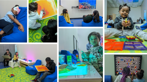 Images of children using toys and equipment in the Sensory Room.