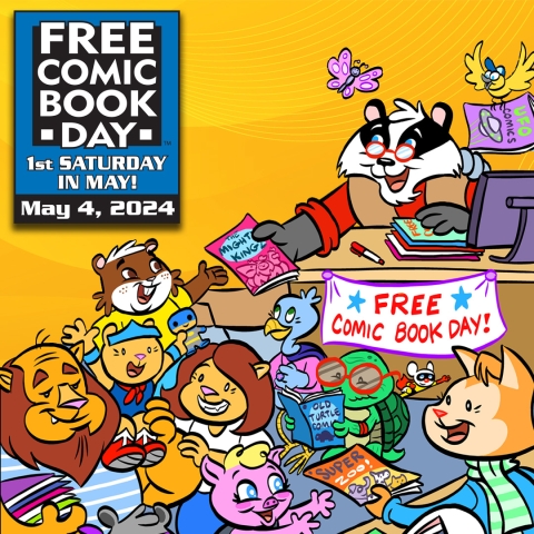 An image of an anthropomorphic badger distributing free comics to other anthropomorphic animals on Free Comic Book Day. The Free Comic Book Day logo is featured prominently in the upper left corner.