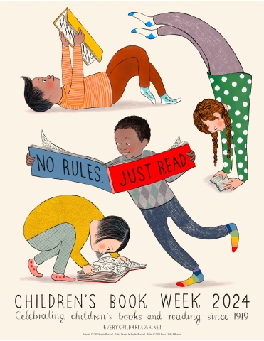 official poster of Children's Book Week kids reading in all types of poses (lying down, headstand, dancing and crouching)