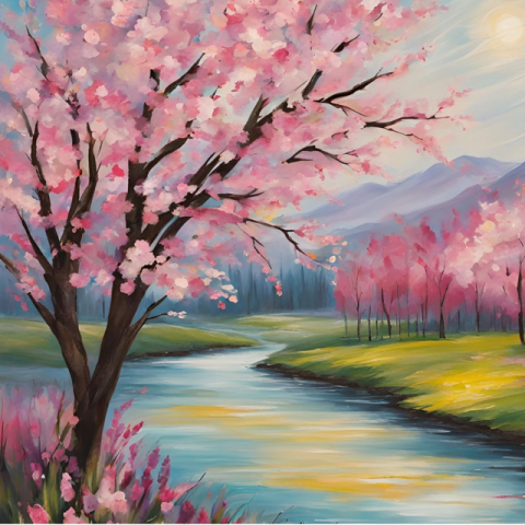 spring landscape with a cherry tree and river