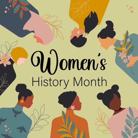 Text of "Women's history month" circled by drawings of women in profile
