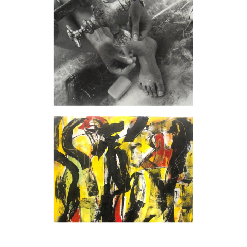 Above: Black and white photograph of a foot and hands help under a running tap. Below: Abstract painting of yellow, red, and black vertical streaks.