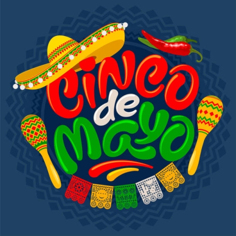 text "cinco de mayo" with somebrero and maracas