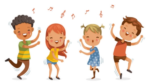 four children dancing with musical notes floating overhead
