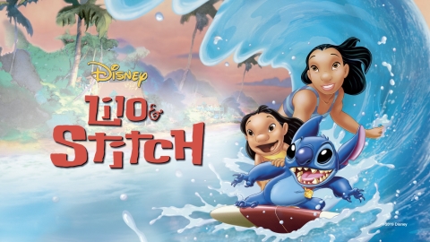 Horizontal poster for Lilo and Stitch. Stitch, Lilo, and Nani ride a red surboard along a wave. The movie's logo is featured next to them in red.