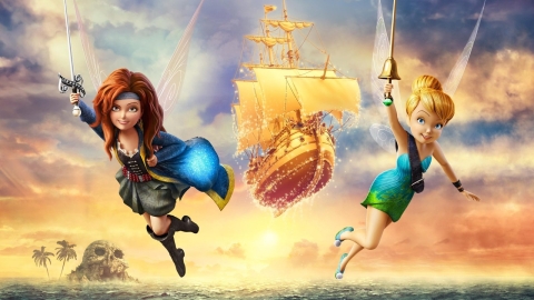 Promotional image for Tinker Bell and the Pirate Fairy. Pirate fairy Zarina and Tinker Bell fly towards the viewer, smiling with swords extended. A golden pirate ship flies above the horizon behind them.