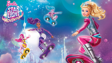 A horizontal poster for Barbie Star Light Adventure. Barbie, Sal-Lee, Kareena and Sheena ride hoverboards against a nebula background.