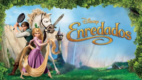A horizontal poster for Disney's Tangled in Spanish, the Spanish title being Enredados. Rapunzel, Flynn Rider, Maximus the horse and Pascal the chameleon strike action poses. The background is the clearing that is home to Rapunzel's tower.