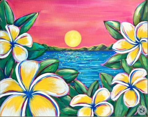painting of plumeria flowers in front of a sunset on the beach