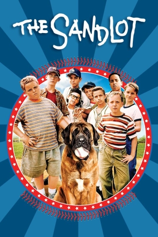text "the sandlot" above image of boys and a dog holding a baseball in its mouth