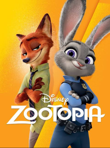 image of fox in shirt and tie and female rabbit in police uniform above text reading "zootopia"
