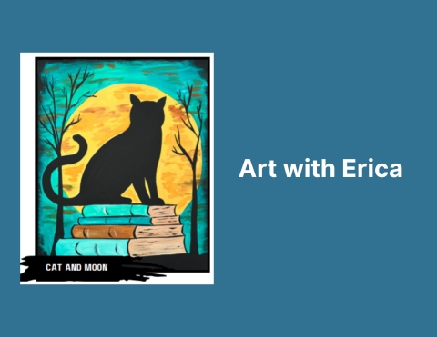 art by erica soto a cat sitting on books with a full moon in the background