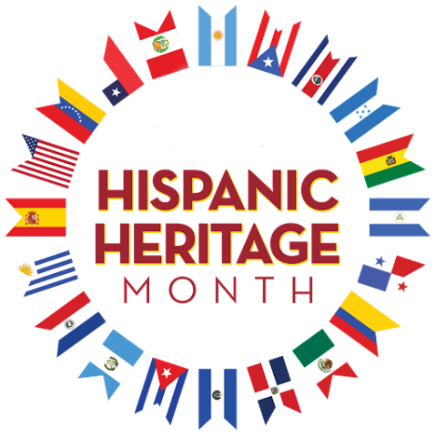 circle of flags from Hispanic countries with text "hispanic heritage month" in center