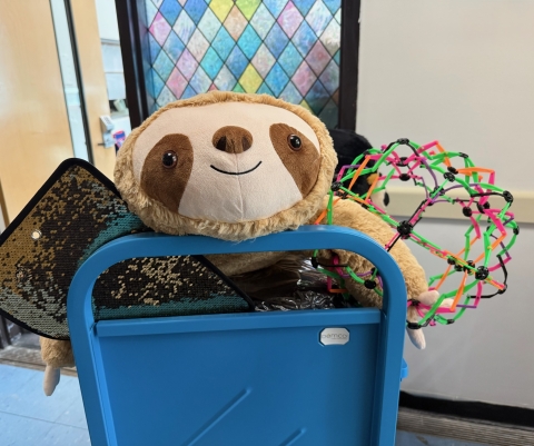 blue cart with smiling sloth and sensory toys