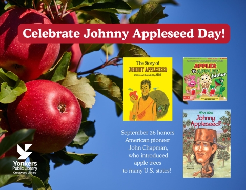 apple tree with an apple hanging off it and book covers of books about johnny appleseed