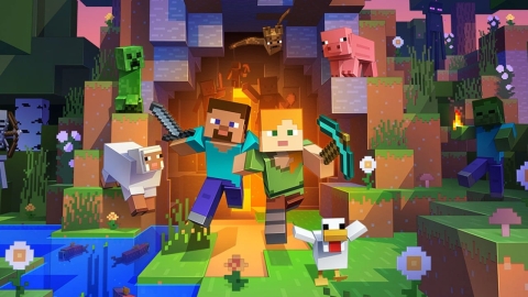 A promotional image for Minecraft. Steve and Alex are emerging from a glowing mine, surrounded by various minecraft creatures - both good and bad.