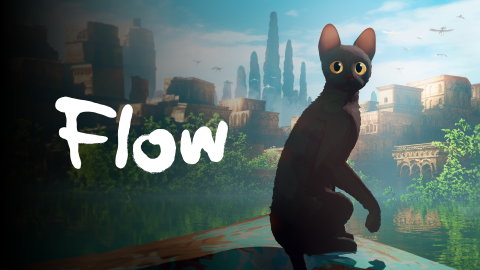 A horizontal poster for the movie Flow. A dark gray cat with gold eyes sits on some kind of metal debris floating in the water. In the background is a flooded city - the water comes nearly to the tops of trees and short buildings.