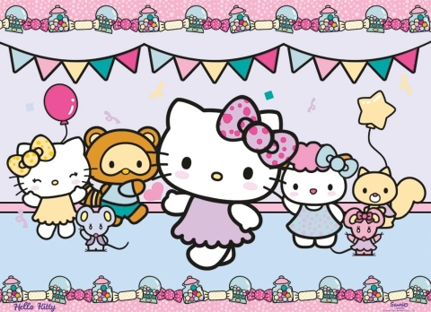 A horizontal image of Hello Kitty, her sister, and some of their friends at a party.