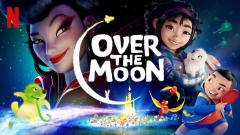 A horizontal poster for the film Over the Moon. It features a close up of the goddess Chang'e on the left side. On the right is teen Fei Fei holding her pet white rabbit Bungee, her younger, soon-to-be stepbrother Chin. The film's logo is in the center.