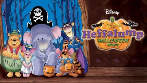 A horizontal poster for Pooh's Heffalump Halloween. Winnie the Pooh, Piglet, Lumpy the Heffalump, Roo, and Tigger stand facing the viewer in an open doorway, all wearing Halloween costumes. To the group's right is the film's logo.