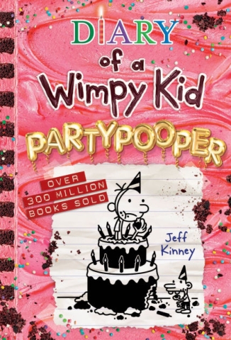 Image of pink book cover with cartoon of boy in a birthday cake and the text "diary of a wimpy kid party pooper"