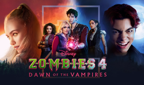 A horizontal poster for ZOMBIES 4: Dawn of the Vampires. It features leads Zed and Addison in the center, with friends Eliza and Willa at their sides, respectively. Addison and Eliza's side, the left, has a sun with a large close up of new character Nova. Zed and Willa's side, the right, features a moon with a large close up of new character Victor.