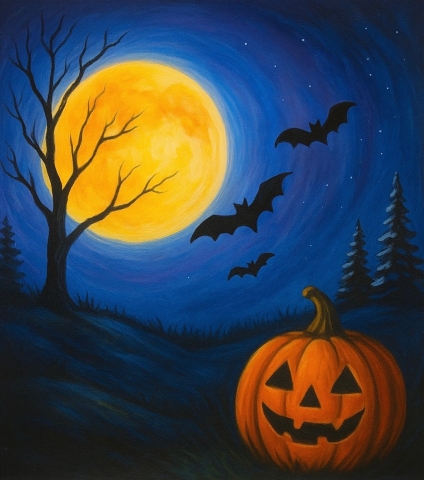 bats flying in sky over a pumpkin