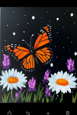 Monarch butterfly in the sky over flowers