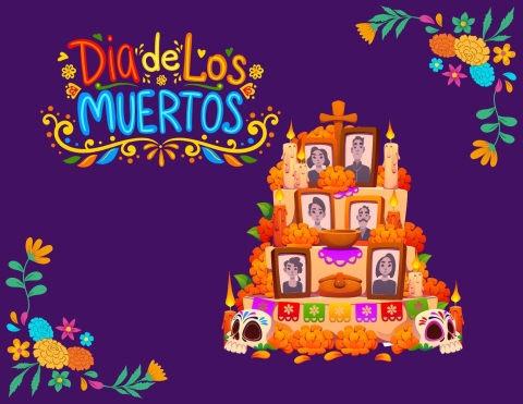 day of the dead dia de los muertos written next to an alter