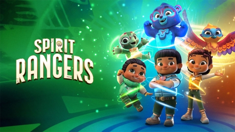 A horizontal poster for Netflix's spirit rangers. On the right, the three main siblings stand facing the viewer with their spirit ranger animals behind them. On the left is the logo.