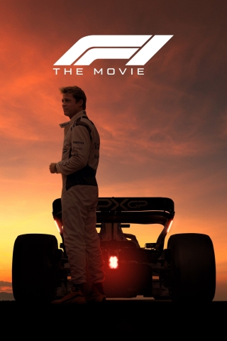 F1 movie poster featuring brad pitt in front of a Formula 1 race car in the sunset