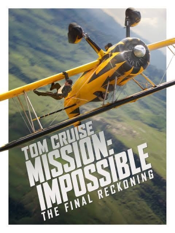 Poster for Mission Impossible: The Final Reckoning with Tom Cruise on a plane flying upside down