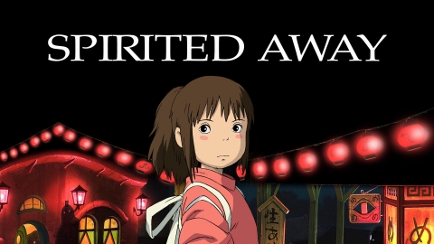 A horizontal poster for Studio Ghibli's Spirited Away. The main character Chihiro stands in the center, close up and facing the viewer. Behind her is a festival setting, lighting up a pitch black night. Above her in the black of the night is the film's logo.