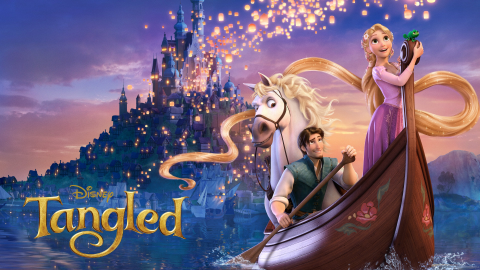 A horizontal poster for Disney's Tangled. On the right, Rapunzel, Flynn, Pascal, and Maximus are in a boat facing the viewer. The background is the kingdom at sunset with the floating lanterns lifting into the sky. To the left is the film's logo.