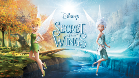 A horizontal poster for Tinker Bell and the Secret of the Wings. On the left, Tinker Bell floats in front of a lush fall forest. On the right, a fairy named Periwinkle with a blue outfir and white hair foats in front of a wintery forest. The scenes meet in the center with no transition - the line between seasons is distinct. The logo for the film is on that center point between seasons.