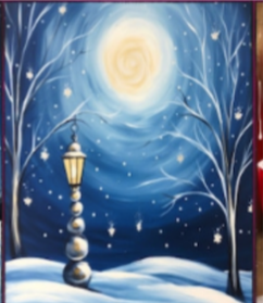 winter scene with moon, streetlight and trees in the snow