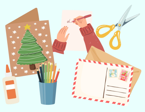 images of cards and scissors and glue pencils and a postcard