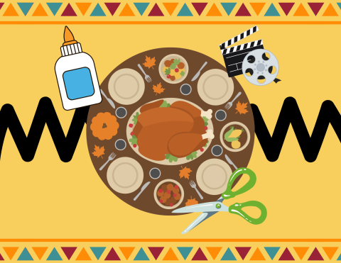 A collage of a Thanksgiving table and craft materials.