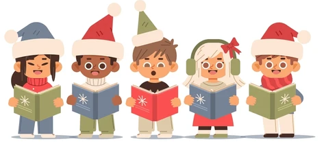 5 small children in hats holding songbooks and singing