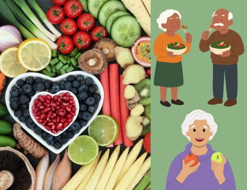 Healthy foods arranged in a heart and graphics of seniors eating healthy food.