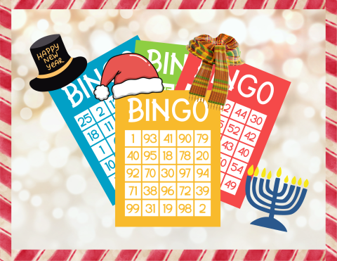 BINGO CARDS WITH FESTIVE HOLIDAY GRAPHICS.