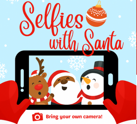 cartoon image of reindeer, santa, and snowman in screen of smartphone under text "selfies with santa"
