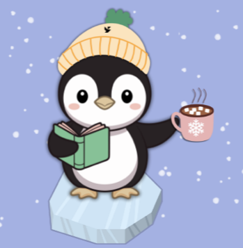cartoon penguin holding an open book and cup of cocoa